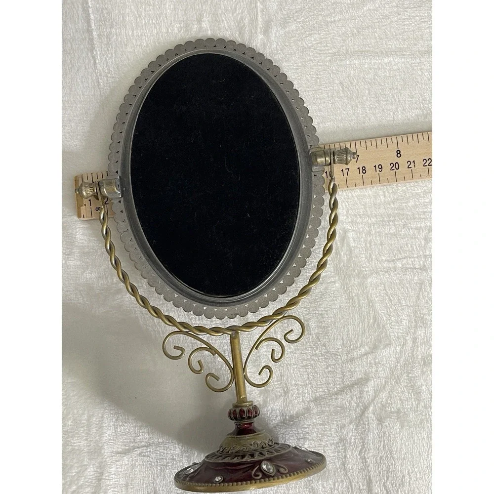 Tabletop Standing Vanity Mirror Enamel Rhinestone Pearl Granny Core Burgundy Red